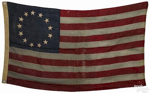 Betsy Ross type American flag with thirteen stars in a circle, 32'' x 58''