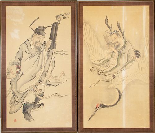 Two Japanese Paintings Mounted as Screen Panels.