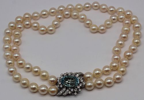 JEWELRY. Pearl, Aquamarine and Diamond Necklace.