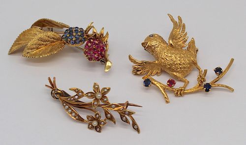JEWELRY. Grouping of 18kt and 15ct Brooches.
