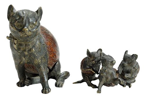 Carved Nut and Gilt Bronze Seated Cat,