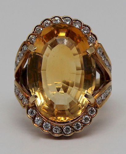 JEWELRY. 14kt Gold, Citrine and Diamond Ring.