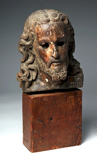 Rare 18th C. Life-Size Wooden Head of Jesus - Ecuador