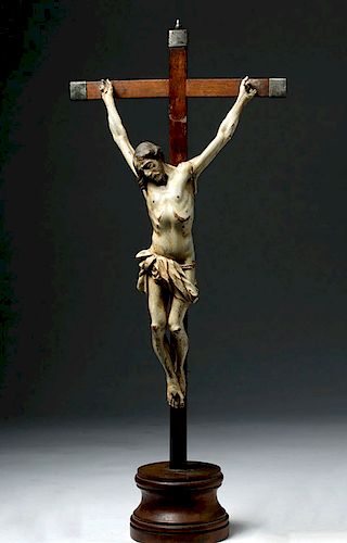 18th C. Mexican Wood Cristo, Original Cross w/ Silver