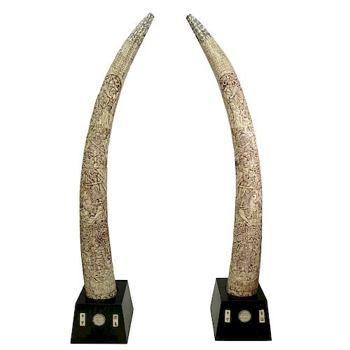 Pair of Palace Size Chinese Bone Veneered "Tusks"
