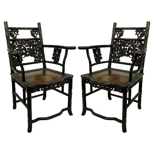 Pair of 19th C. Chinese Carved Wood Throne Chairs