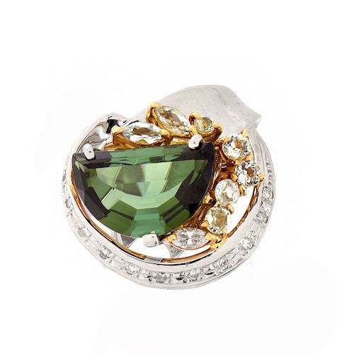 Green Tourmaline, Diamond, 18K and Platinum Ring