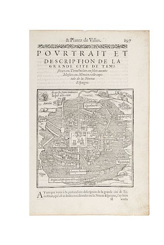 Pinet, Antoine du. Povrtrait et Description de la Grande Cite de Temistitan. Lyon,1564. Mapa grabado, 16.5 x 16.1 cm.