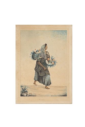 Vendedora de Frutas "Mexicaine". Mediado del Siglo XIX. Acuarela sobre papel, 24.5 x 17.5 cm. Ex Libris de Antonio Castro Leal.