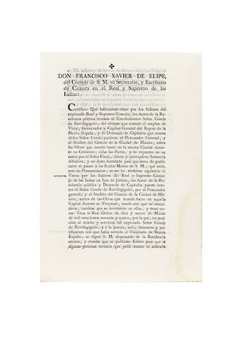 Elípe, Francisco Xavier de. Sentencia Favorable del Consejo de su Majestad al Conde de Revillagigedo. Madrid, 1802.