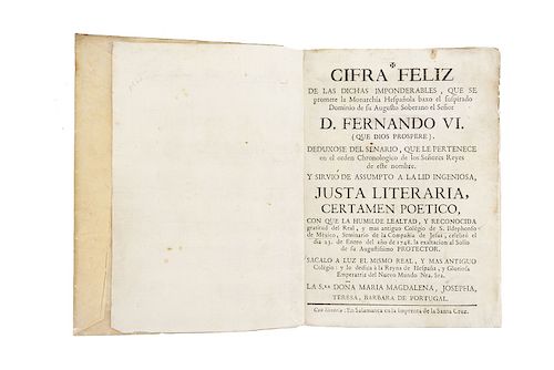 Barba de Portugal, María. Cifra Feliz de las Dichas Imponderables. Salamanca: ca. 1748. Justa Literaria, Certamen Poético.