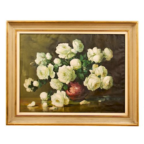 Urbina. Bouquet de rosas blancas. Firmado. Óleo sobre tela. Enmarcado en madera. 78 x 59 cm.