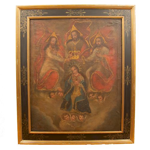 Anónimo. La Coronación de la Virgen. Óleo sobre tela. Enmarcado en madera tallada con esmalte dorado. Dimensiones: 121 x 98 cm.