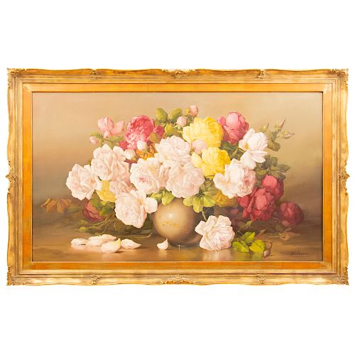 Urbina. Bouquet de rosas. Firmado. Óleo sobre tela. Enmarcado en madera dorada. Dimensiones: 69 x 118 cm.