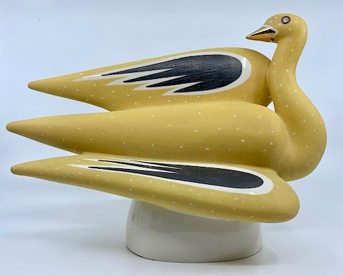 "Yellow Bird", molded ceramic sculpture with matte and