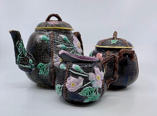 Majolica Wild Rose and Rope Three Piece Teaset