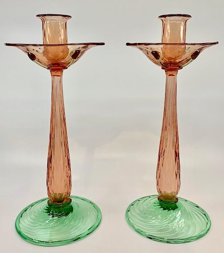 Steuben Pair of Pink and Green Blown Glass Candlesticks