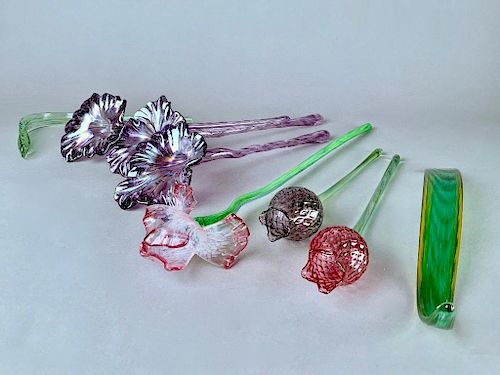 Eight Assorted Blown Glass Flowers and Leaves