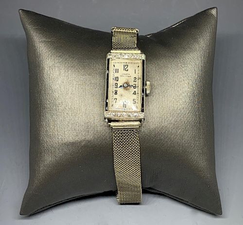 Gruen Platinum 14K Diamond & Onyx Watch, Art Deco