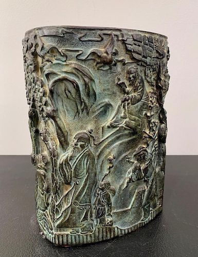 Chinese Bronze Vase in Relief, 20th Century