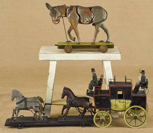 Wood horse drawn pull toy with carriage and figur