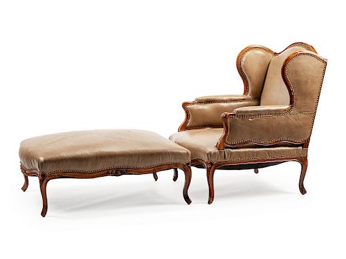 A Louis XV Leather Upholstered Carved Walnut Duchesse Brisee