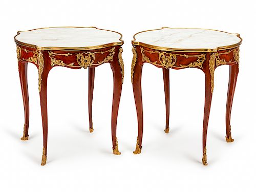 A Pair of Louis XV Style Gilt Metal Mounted Gueridons