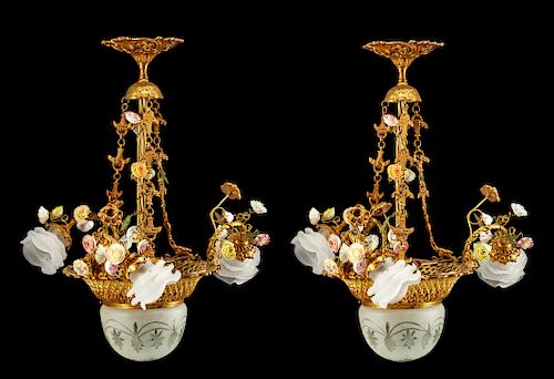 A Pair of Louis XV Style Gilt Bronze and Porcelain Four-Light Chandeliers