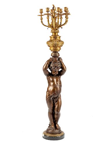 A French Gilt Metal and Patinated Iron Seven-Light Candelabrum