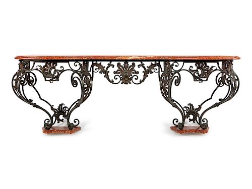 A Spanish Rococo Style Wrought Iron and Tole Console Table