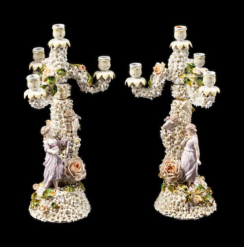 A Pair of German Porcelain Schneeballen Figural Four-Light Candelabra