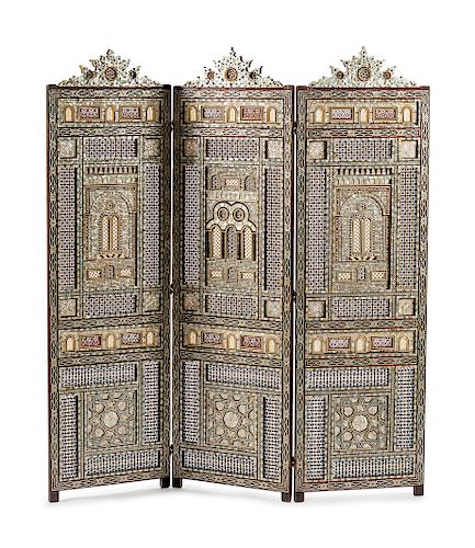 A Moorish Style Mother-of-Pearl and Bone Inlaid Three-Panel Screen