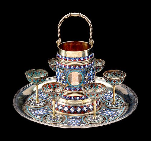 A Russian Enameled Silver and Plique-a-Jour Enamel Drink Service