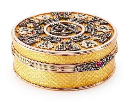 A Russian Guilloche Enameled Gold and Diamond Mounted Snuff Box