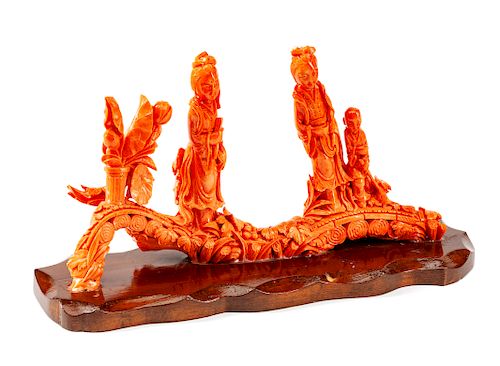 A Chinese Carved Coral Figural Group 