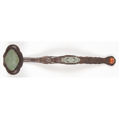 Chinese Carved Wood and Jade Scepter