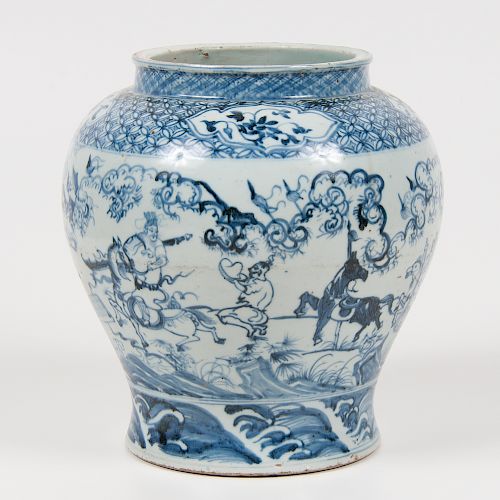 Chinese Porcelain Blue and White Jar with Warriors