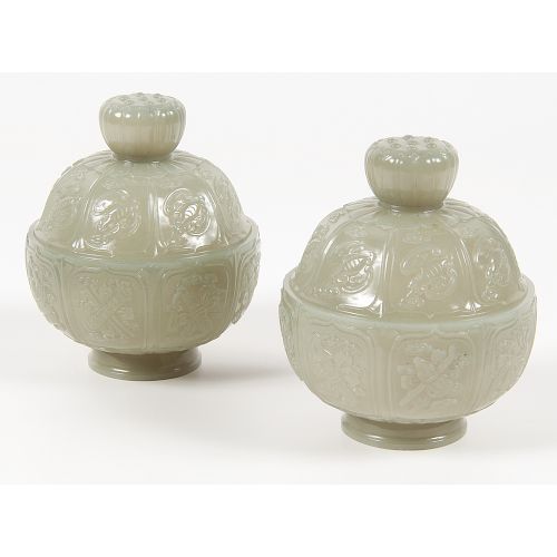 Chinese Celadon Jade Covered Bowls 青玉刻花紋蓋碗一對