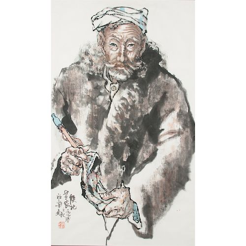 Ma Xinle (Chinese, b. 1963)  馬欣樂   陝北老農 紙本水墨 