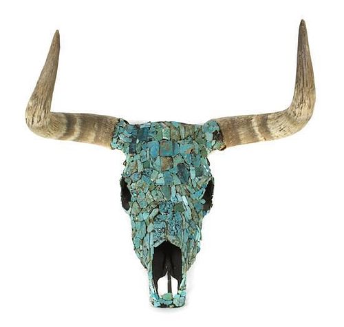 A Turquoise Mosaic Steer's Skull. Length of skull 19 1/2 inches, width of horns 27 1/2 inches.