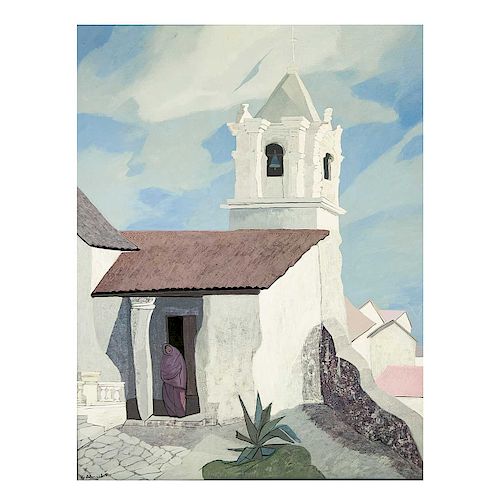 Gilberto Almeida. Iglesia en paisaje montañoso. Acrílico sobre tela. Firmado. Enmarcado. 159 x 119 cm