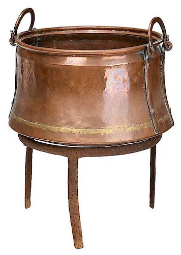 Hammered Copper Cauldron on Wrought Iron Stand