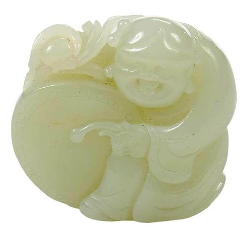 Celadon Jade Carving of Boy with Drum