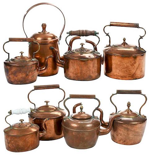 Eight Copper Hot Water Kettles