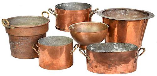 Six Large Copper Cooking Pots