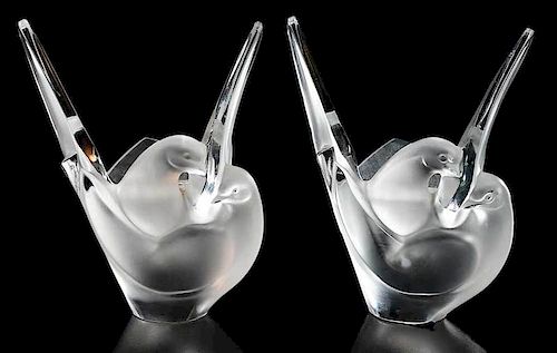 Two Lalique Sylvie Frosted Glass Bird Vases