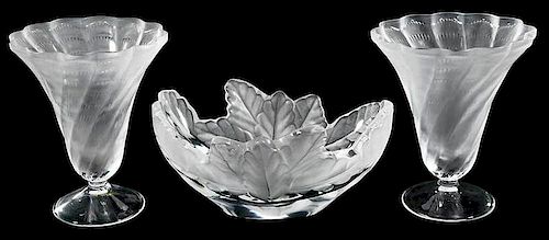 Lalique Glass Compiegne Bowl, Two Lucie Vases