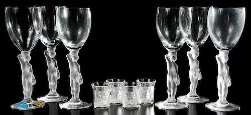 Four Lalique Enfants Glasses, Six Wine Glasses