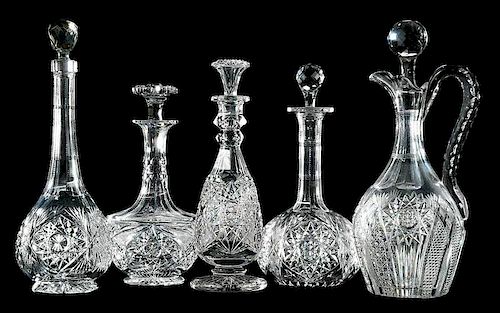 Five Cut Glass Decanters, J. Hoare, Libbey