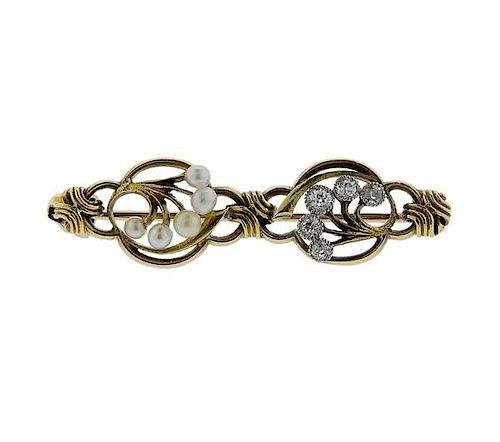 Antique 18K Gold Diamond Seed Pearl Brooch Pin 